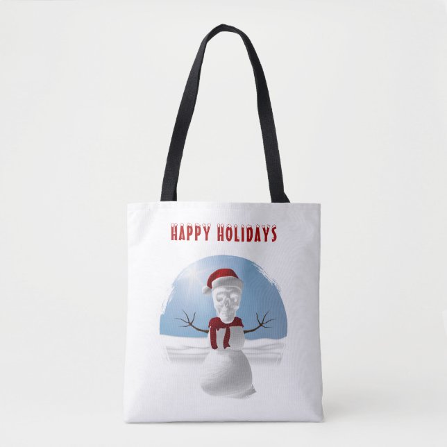 Bolsa Tote Férias Felizes. Boneco de neve com cabeça de cavei (Frente)