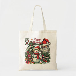Bolsa Tote Férias Felizes com Papai Noel e Boneco de Neve em