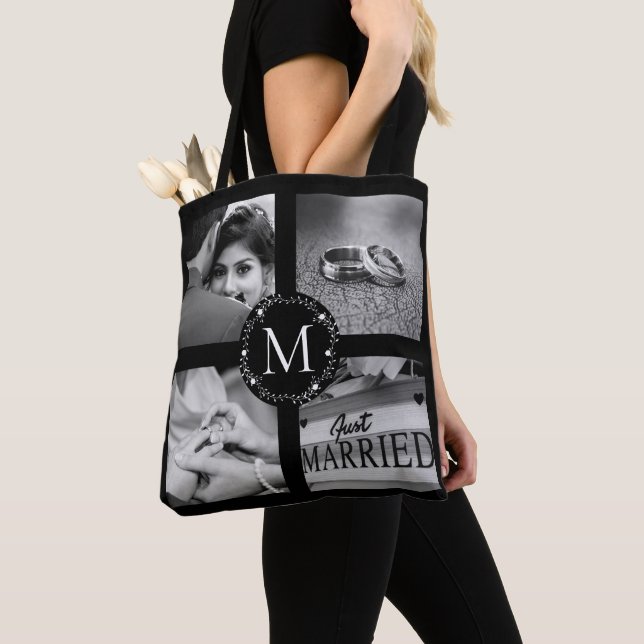 Bolsa Tote Ferida de Colagem Monogramada com Nome, Data da Úl (Close Up)