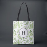 Bolsa Tote Ferns de Aquarela e Monograma do Padrão Eucalyptus<br><div class="desc">Saco de tota monograma com ilustrações de aquarelas de fermes verdes e de padrão de eucalipto. Personalize adicionando suas iniciais. Este saco verde é perfeito para um presente personalizado. Itens correspondentes estão disponíveis.</div>