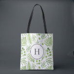 Bolsa Tote Ferns de Aquarela e Monograma do Padrão Eucalyptus<br><div class="desc">Saco de tota monograma com ilustrações de aquarelas de fermes verdes e de padrão de eucalipto. Personalize adicionando suas iniciais. Este saco verde é perfeito para um presente personalizado. Itens correspondentes estão disponíveis.</div>