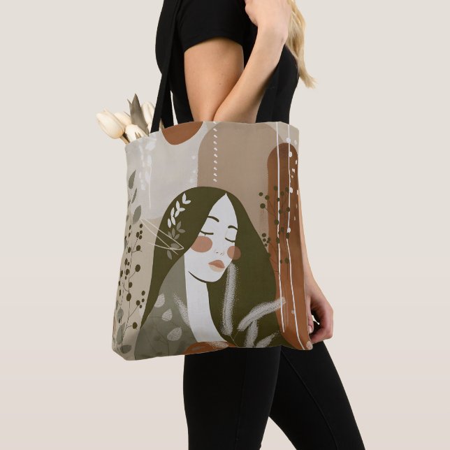 Bolsa Tote Ferrugem Verde Bege Mulher Empoderadora Abstrata  (Close Up)