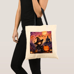 Bolsa Tote Festa de Aniversário de Halloween da Bruxa Menina 
