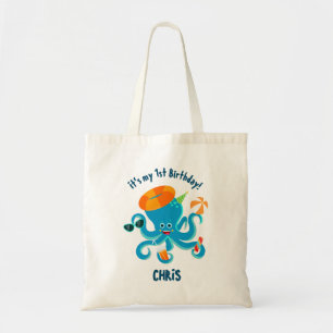 Bolsa Tote Festa de Aniversário de Menino com Polvo Azul deba