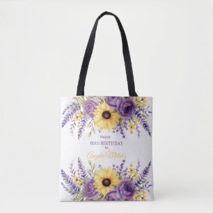 Bolsa Tote Festa de aniversário floral roxa 60ª