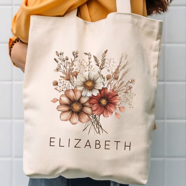 Bolsa Tote Festa de Despedida de Solteira Boho Wildflower Nom (Rustic Autumn Floral Personalized Bridesmaid | Bachelorette Party | Mother’s Day | Mama tote Bag)