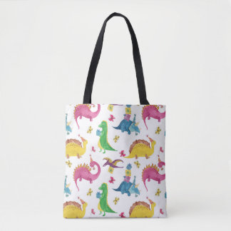 Bolsa Tote Festa de dinossauro: padrão de aquarela.