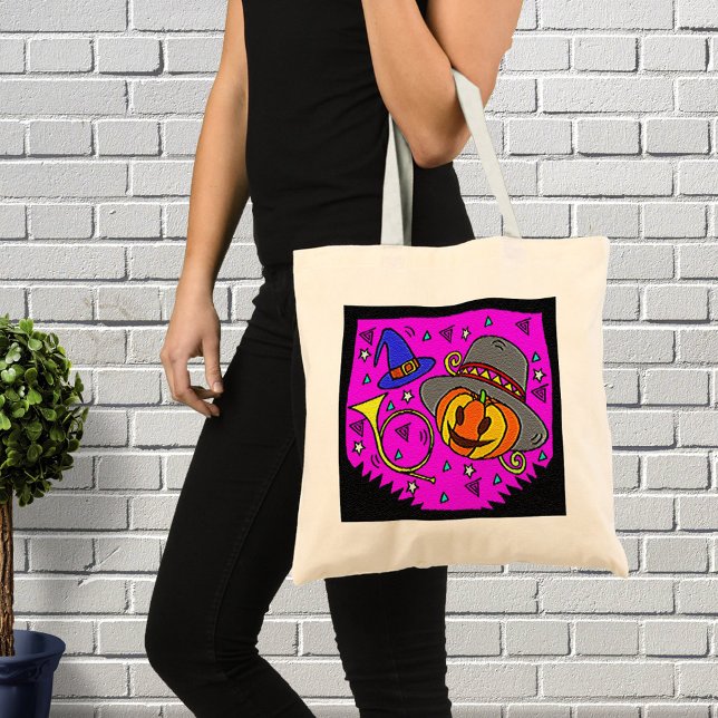 Bolsa Tote Festa de Halloween Jack O'Lanterna e Roxo de Buva (Halloween Party Jack O'Lantern and Bugle Purple Tote Bag)