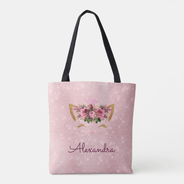 Bolsa Tote Festa de Monograma de Gatinho Rosa Esbranquiçado (Verso)