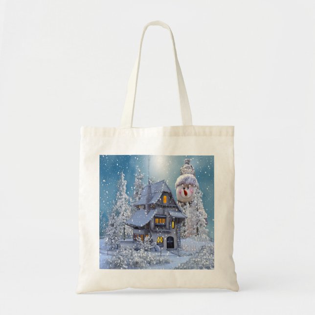 Bolsa Tote Festa de Natal Winter White Snowman Blue Russ (Frente)