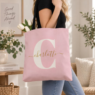 Bolsa Tote Festa de Noiva Rosa Dourado Monograma Primeiro Nom