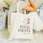 Bolsa Tote Festa de solteira Final Fiesta Boot do Cowboy<br><div class="desc">Bem-vindos amigos à sua festa de solteira ou meninas no fim de semana com estas bonitas sacolas personalizadas. Design apresenta uma bota poeirenta cor-de-rosa-rosa, flanqueada por estrelas minúsculas, com o nome da noiva, "Final Fiesta", e o seu destino (mostrado com Austin, Texas) alinhado à direita em caracteres clássicos de serif....</div>