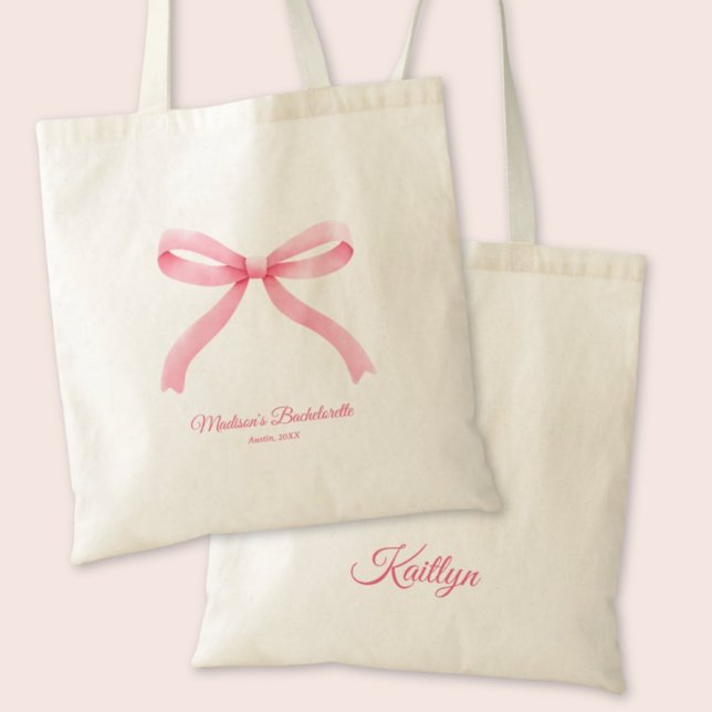 Bolsa Tote Festa de Solteira Personalizada Coquette Rosa Meni (Pink Bow Girly Coquette Custom Bachelorette Party Tote Bag
)