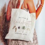 Bolsa Tote Festa de solteira Personalizada De País De Vinho<br><div class="desc">Comece a festa com esses bolsas personalizados fofos que são fáceis de personalizar para a sua festa de solteira, noite ou fim de semana das meninas! O design do Boho, no estilo do vinho, apresenta delicadas ilustrações aquáticas de sandálias, palmeiras, taças de champanhe e vinho tinto com rosa cor-de-rosa empoeirada....</div>