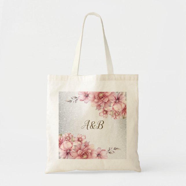Bolsa Tote Festas Flores de Aquarela Rosa Brilho Moderno (Frente)