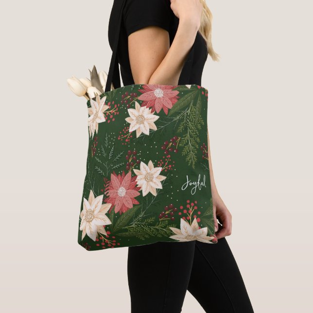 Bolsa Tote Festivo Green Joyful Poinsettia Férias de Natal (Close Up)