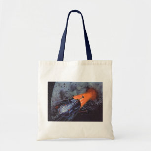 Bolsa Tote Ficção científica vintage, foguete lunar decolando