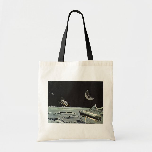 Bolsa Tote Ficção científica vintage, foguetes lua planetas (Frente)