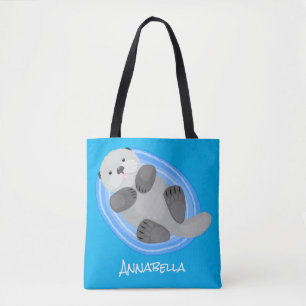 Bolsa Tote Figura de desenho animado azul-lontra do mar feliz