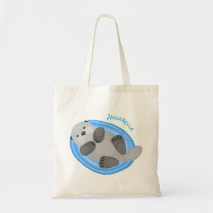 Bolsa Tote Figura de desenho animado azul-lontra do mar feliz