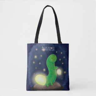 Bolsa Tote Figura de desenho animado do verme verde-claro