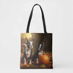 Bolsa Tote Filhote de Boston Terrier Delícia de Outono Abóbor