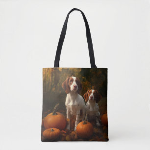 Bolsa Tote Filhote de Brittany Spaniel Outono Delícia Abóbora