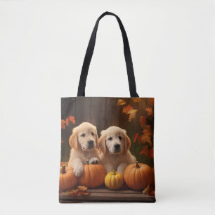 Bolsa Tote Filhote de Golden Retriever Outono Delícia Abóbora