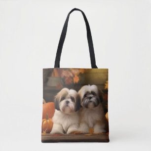 Bolsa Tote Filhote de Lhasa Apso Delícia de Outono Abóbora
