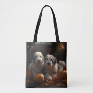 Bolsa Tote Filhote de Old English Sheepdog Delícia de Outono 