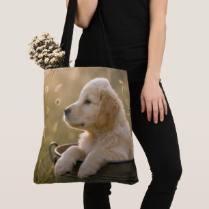 Bolsa Tote Filhote de Retriever Dourado em um Balde de Metal