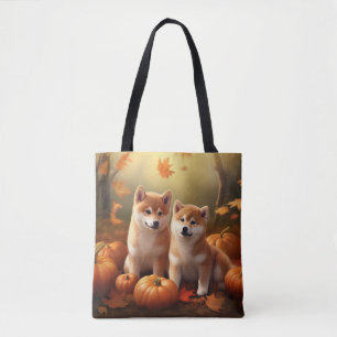Bolsa Tote Filhote de Shiba Inu Delícia de Outono Abóbora