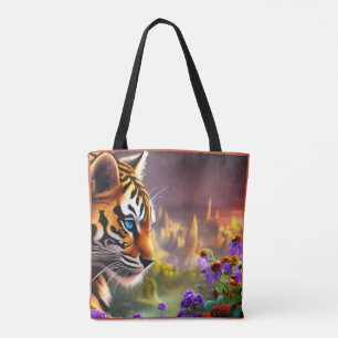 Bolsa Tote Filhote de Tigre, Flores Roxas