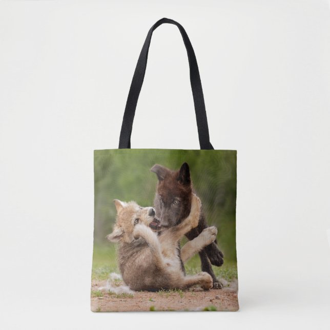 Bolsa Tote Filhotes de Lobo Cinzento Lutando (Frente)