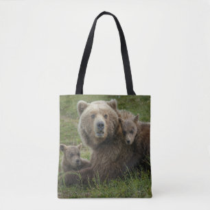 Bolsa Tote Filhotes de Urso Pardo se Aconchegando com a Mãe