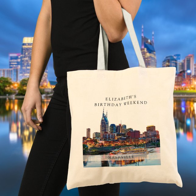 Bolsa Tote Fim de semana de aniversário em Nashville com aqua (Nashville Watercolor Birthday Weekend Tote Bag)