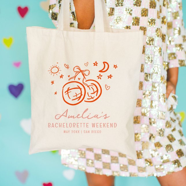 Bolsa Tote Fim de Semana de Despedida de Solteira Disco Esboç (Pink and red bachelorette party icon illustrations market tote bag.)