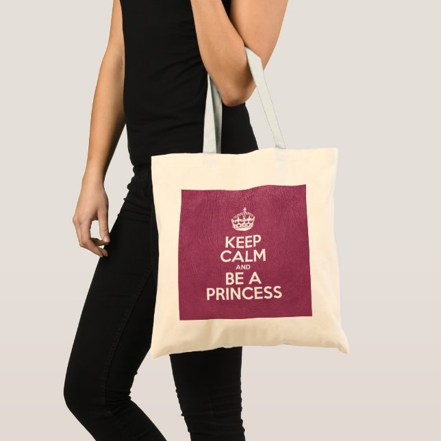 Bolsa Tote Fique calmo e seja uma princesa, couro rosa, coroa (Frente (produto))