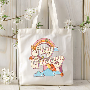 Bolsa Tote Fique Groovy Tipografia de Flores de Arco-Íris Ret