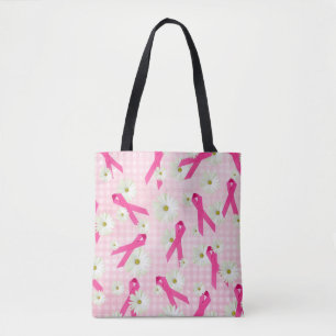 Bolsa Tote fita e margaridas cor-de-rosa no guingão