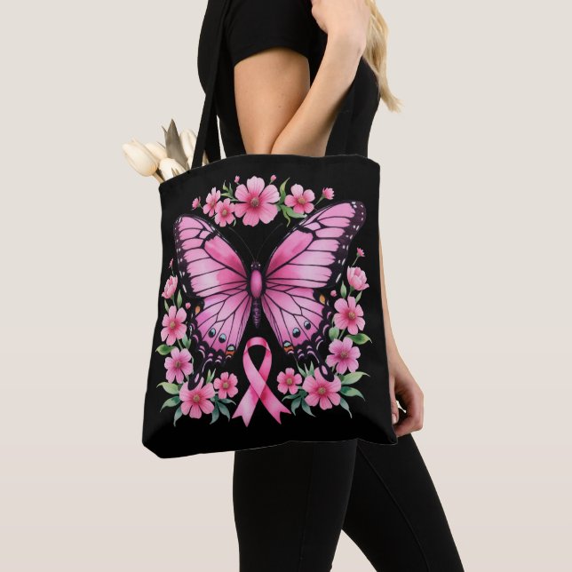 Bolsa Tote Fita rosa-borboleta de sensibilização do Cancer da (Close Up)