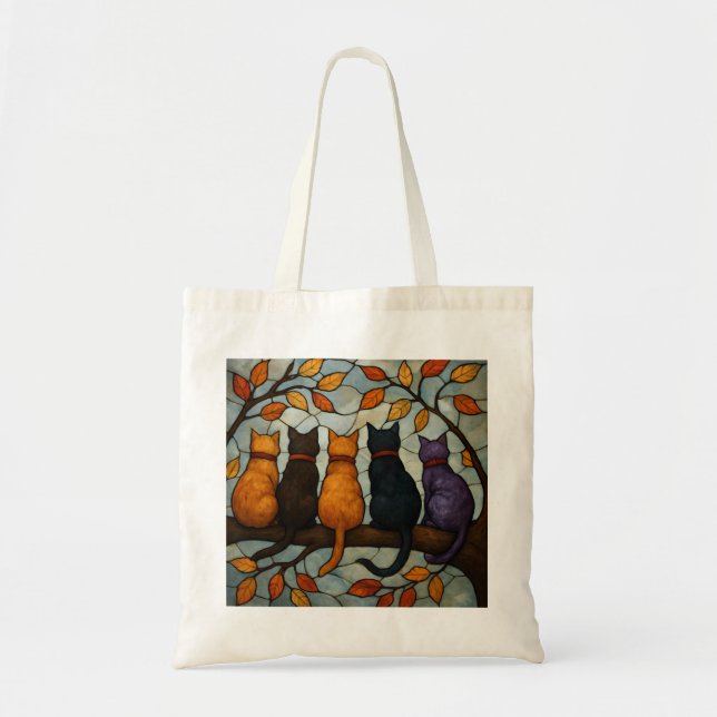 Bolsa Tote Five Cats on a Tree Branch Stained Glass Style (Frente)