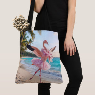 Bolsa Tote Flamingo Bailarina em uma Tutu Rosa na Praia