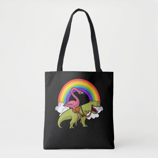 Bolsa Tote Flamingo Bird Andando T-Rex Dinossaur Arco-Íris (Frente)