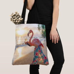 Bolsa Tote Flamingo Com Champanhe Numa Praia