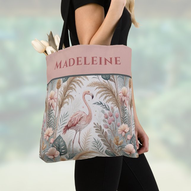 Bolsa Tote Flamingo e Folhagem em Rosa e Sage poeirentos (Criador carregado)