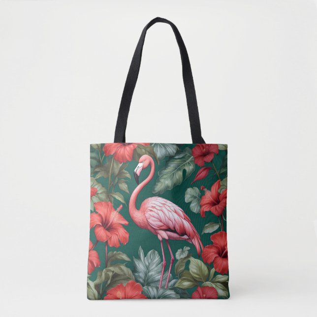 Bolsa Tote Flamingo Hibiscus Flores Emerald Green (Frente)
