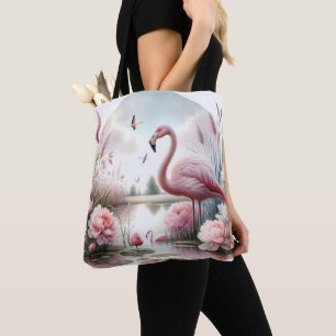 Bolsa Tote Flamingo na cena floral de Pastel Pond