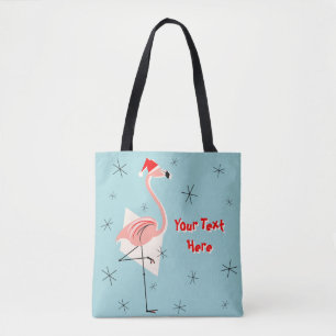 Bolsa Tote Flamingo Papais noeis Texto Azul por todo o saco