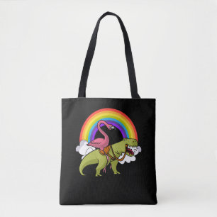 Bolsa Tote Flamingo Pássaro Andando T-Rex Dinossauro Arco-Íri